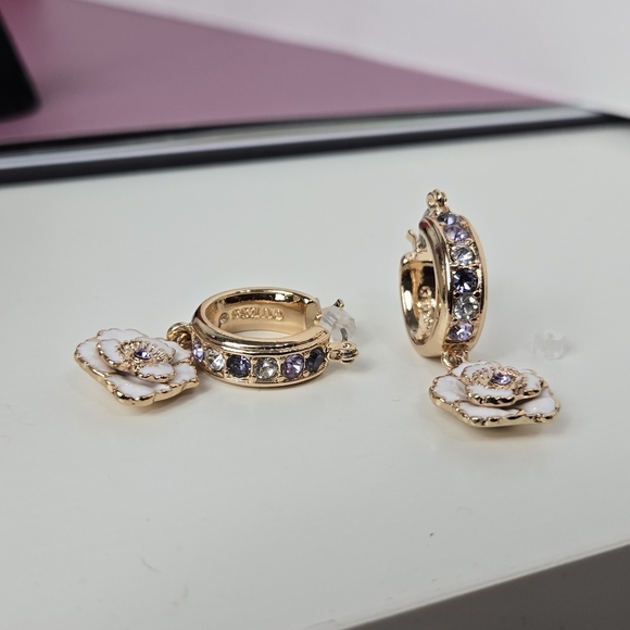 Guess Elegant Gold Tone Tan Enamel Purple Stones  Floral Hoop Earrings - Picture 9 of 16